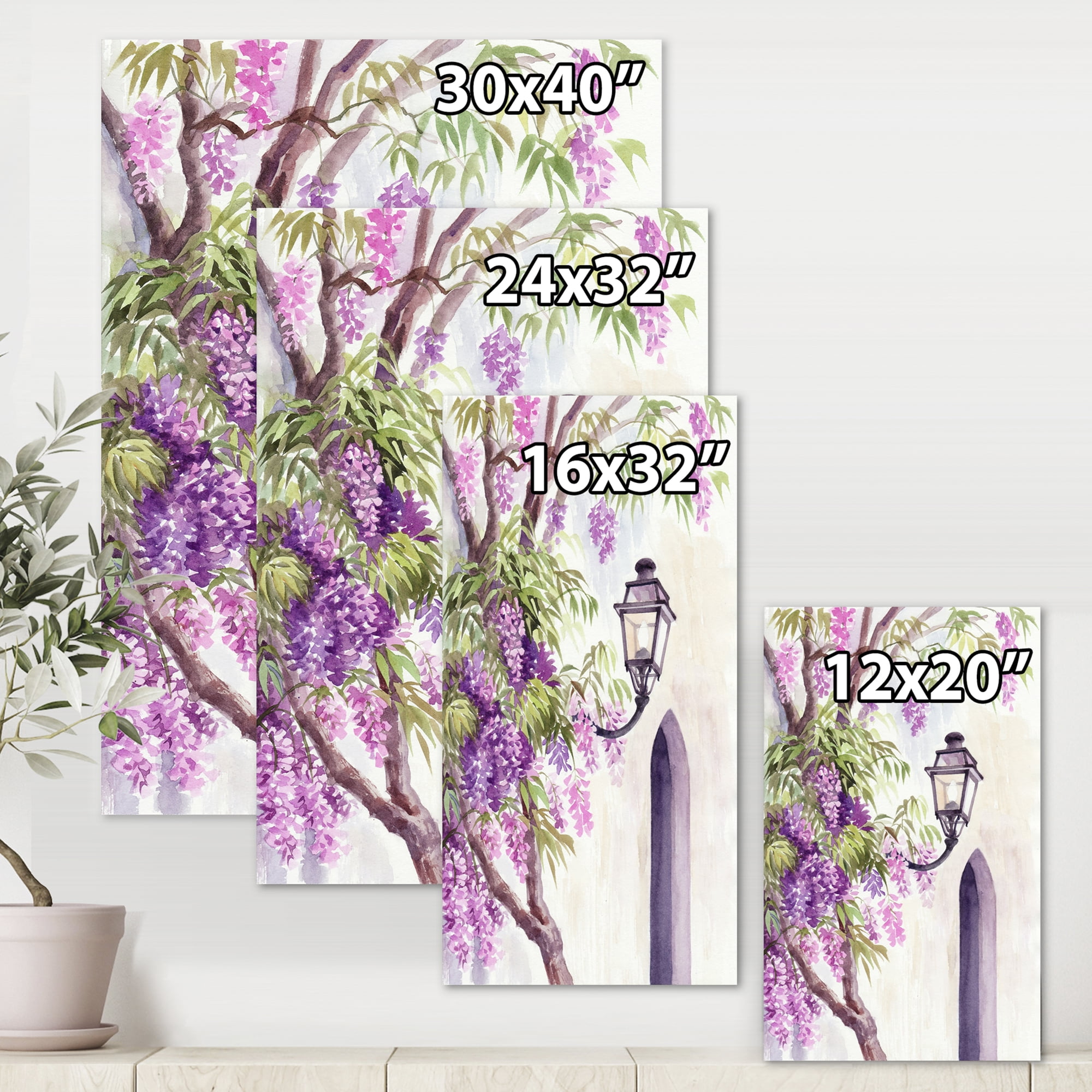 Lantern and Wisteria 8 in x 12 in Painting Canvas Art Print, by Designart