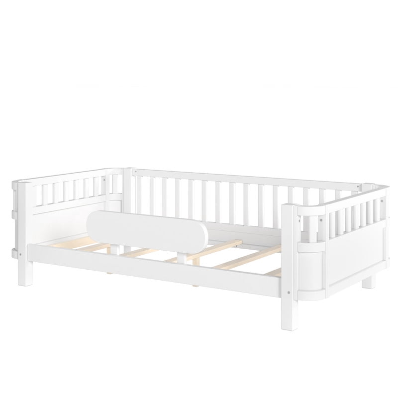 Bellemave Twin Size Bed with Removable Rails, Solid Wood Montessori Bed with Headboard and Footboard, Rounded Corners Twin Platform Bed with Fence, No Box Spring Needed, White