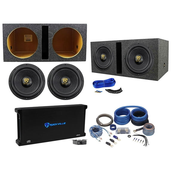 (2) Rockville W12K9D2 V3 12" 8000w Subwoofers Vented Sub Box Mono Amplifier Amp Kit