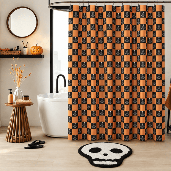 Way To Celebrate Skeleton Checkered 14-Piece Bath Set with Curtain, Rug, and Hooks, 72" x 72" & 21" x 18"