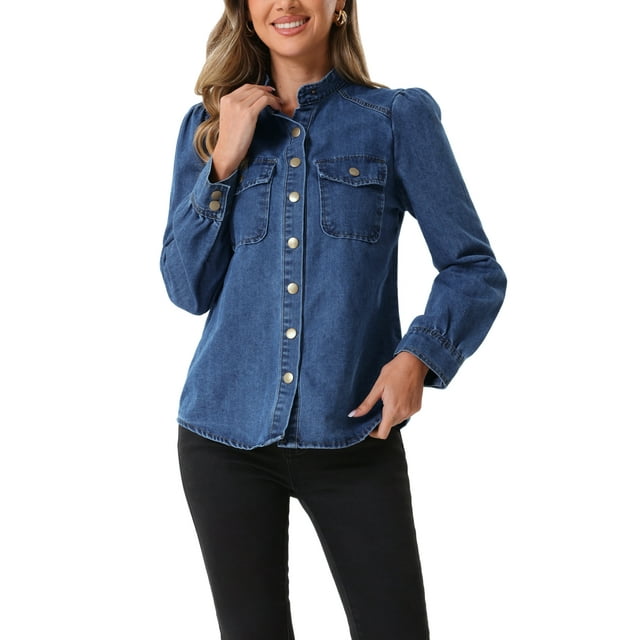 Chaquetas de mezclilla para mujer INSPIRE CHIC con cuello simulado y mangas abullonadas
