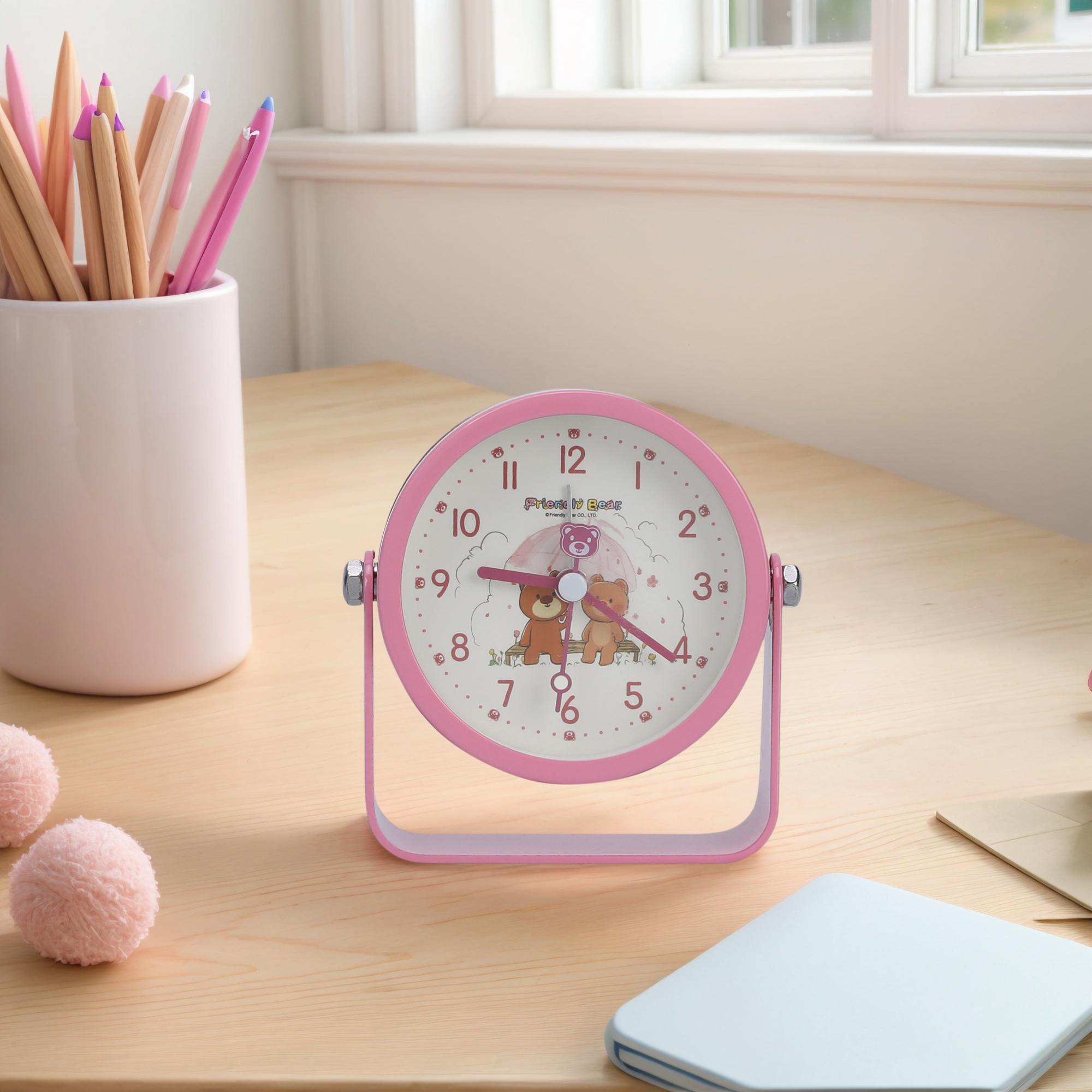 Unique Bargains Rotatable Alarm Clock with Animal Pattern Pink 3.9"L x 1.7"W x 3.7"H