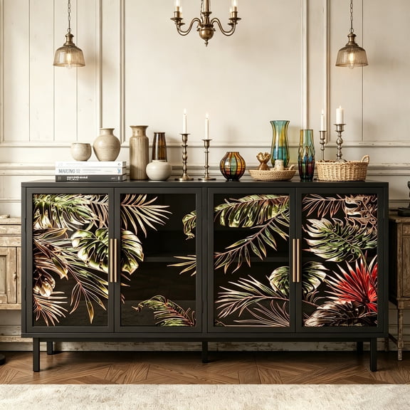 WRXELAN Black Sideboard Buffet Cabinet, 60" Credenza Entryway Table with Storage, Artistic Accent Cabinet with Tropical Stained Glass Doors for the Living Room, Kitchen, and Home Bar