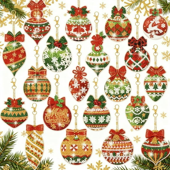 20 Pieces Christmas Diamond Painting Keychain Diamond Painting Ornaments 5D DIY Diamond Painted Keychains Colorful Christmas Ball Patterns Christmas Diamond Art Ornaments for Christmas DIY Crafts