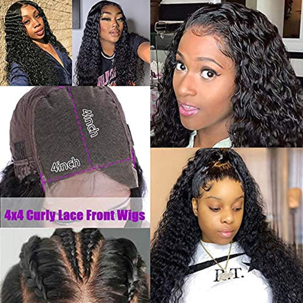 Deep Wave Human Hair Wig 4x4 Closure Glueless Wigs Human Hair Pre Plucked Pre Cut Lace Closure Glueless Wigs Elastic Band 200% Density Natural Color