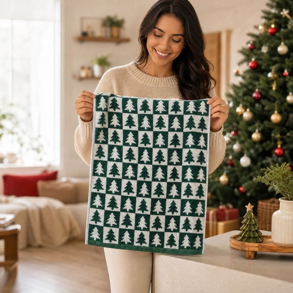 Christmas Hand Towels, Trees Bath Hand Towels, Winter Soft Absorbent Tea Towel, for Home Kitchen Bathroom Decor, Winter Xmas Gift,29.5"x13.8"(Green)