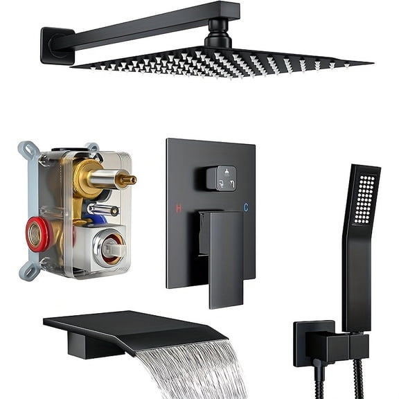 Matte Black 12" Rain Shower Head System with Handheld & Tub Spout, Wall-Mounted Faucet Set