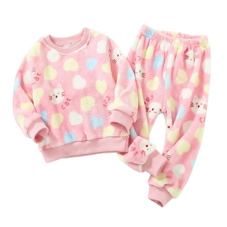 

MANHUJI 2Pcs Outfits Toddler Boys Girls Fleece Pajama Set Winter Warm Long Sleeve Cute Prints Pajamas Sleepwear Tops + Pants Set Comfy Loungewear (Pink2 100)