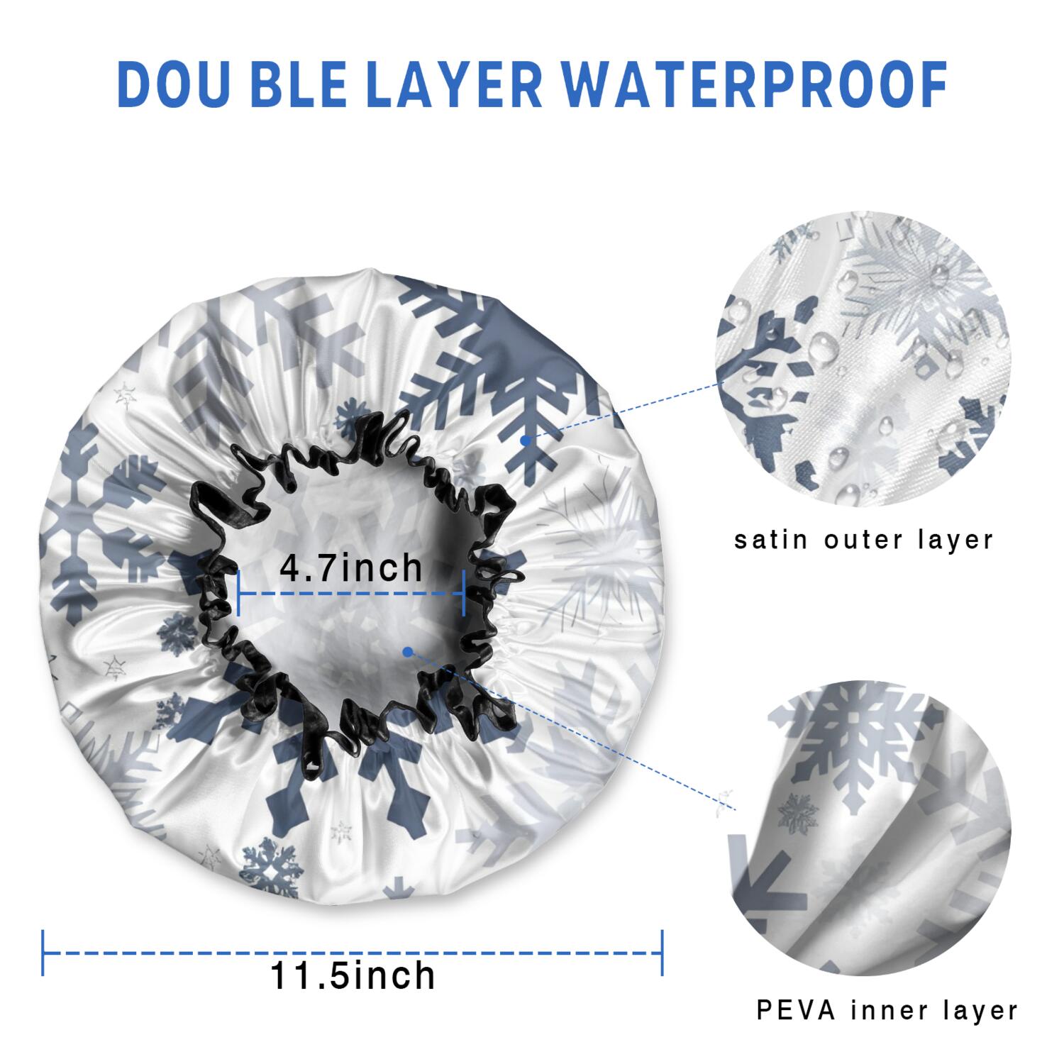 Shower Caps,Blue Christmas Snowflake Pattern Waterproof Shower Cap for Women 4 Pieces,Double Reusable Hair Cover for Shower PEVA Elastic Stretch Hem