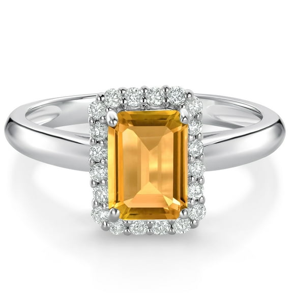 Gem Stone King 1.03 Ct Emerald Cut Yellow Citrine G/H Lab Grown Diamond 10K White Gold Halo Engagement Ring (Size 8)