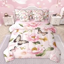 Homewish Pink Rustic Flower Twin Bedding Sets 7-Piece for Women, Kawaii Butterfly Animal Bedding Comforter Set, Vintage Fashion Style Reversible Sheet Sets, Ultra Soft Bedroom Decor
