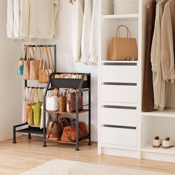 Purse Organizer for Women - 3-Tier Storage Stand & 12 Fixed Hooks, Visible Backpack Storage, Space-Saving Bag Organizer Rack for Home, Closet, Black