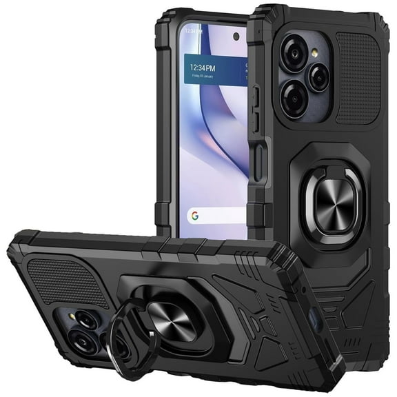 For BLU View Speed Ultra 5G B1660V Robotic Ring Kickstand Phone Case Tempered Glass - Black