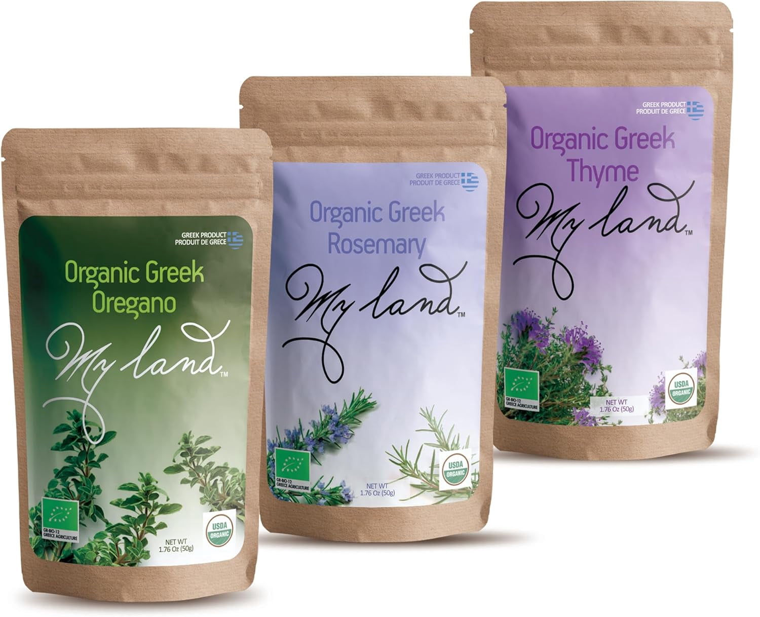 My Land Greek Organic Dried Herbs Set, Oregano, Rosemary, and Thyme from Mt Olympus, Hand-Picked, 3-Pack, 3-1.76 oz