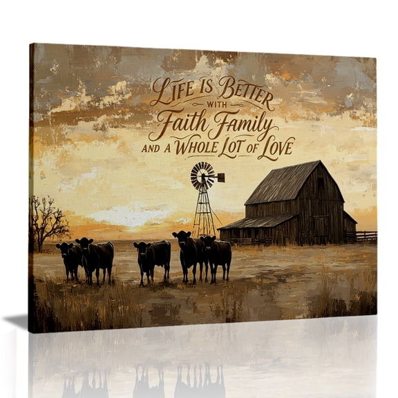 Rovven Rustic Country Farmhouse Barn Windmill Cattle Canvas Wall Art for Living Room Office Wall Decor Framed 12x8 inch