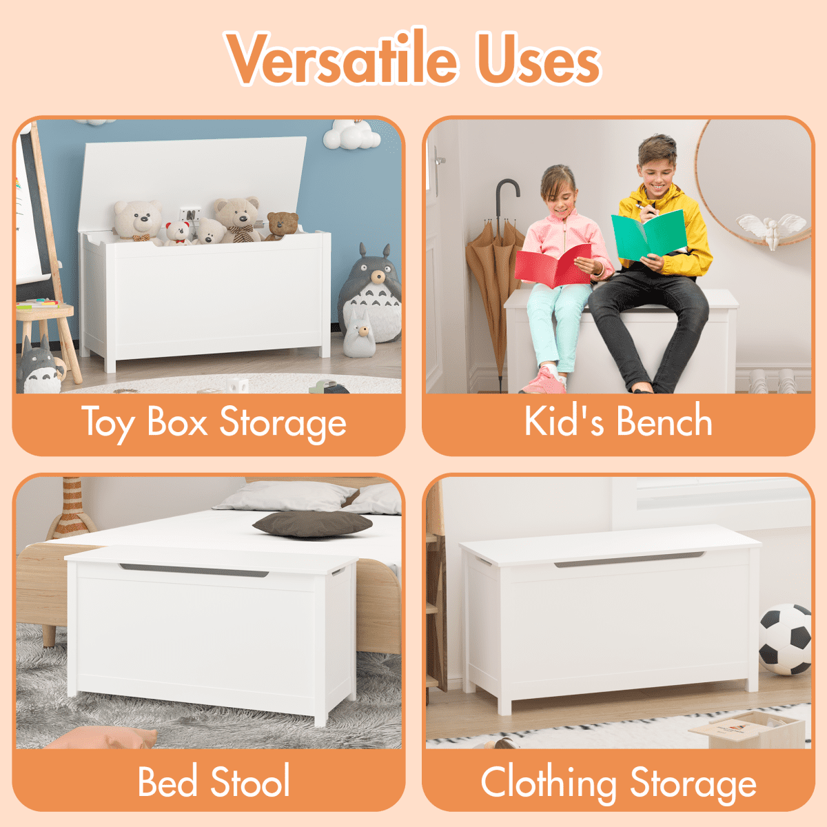 White Wooden Toy Box for Kids Ages 2+ – Safety Hinged Lid Toy Chest, 31.5”W Storage Organizer for Bedroom/Playroom