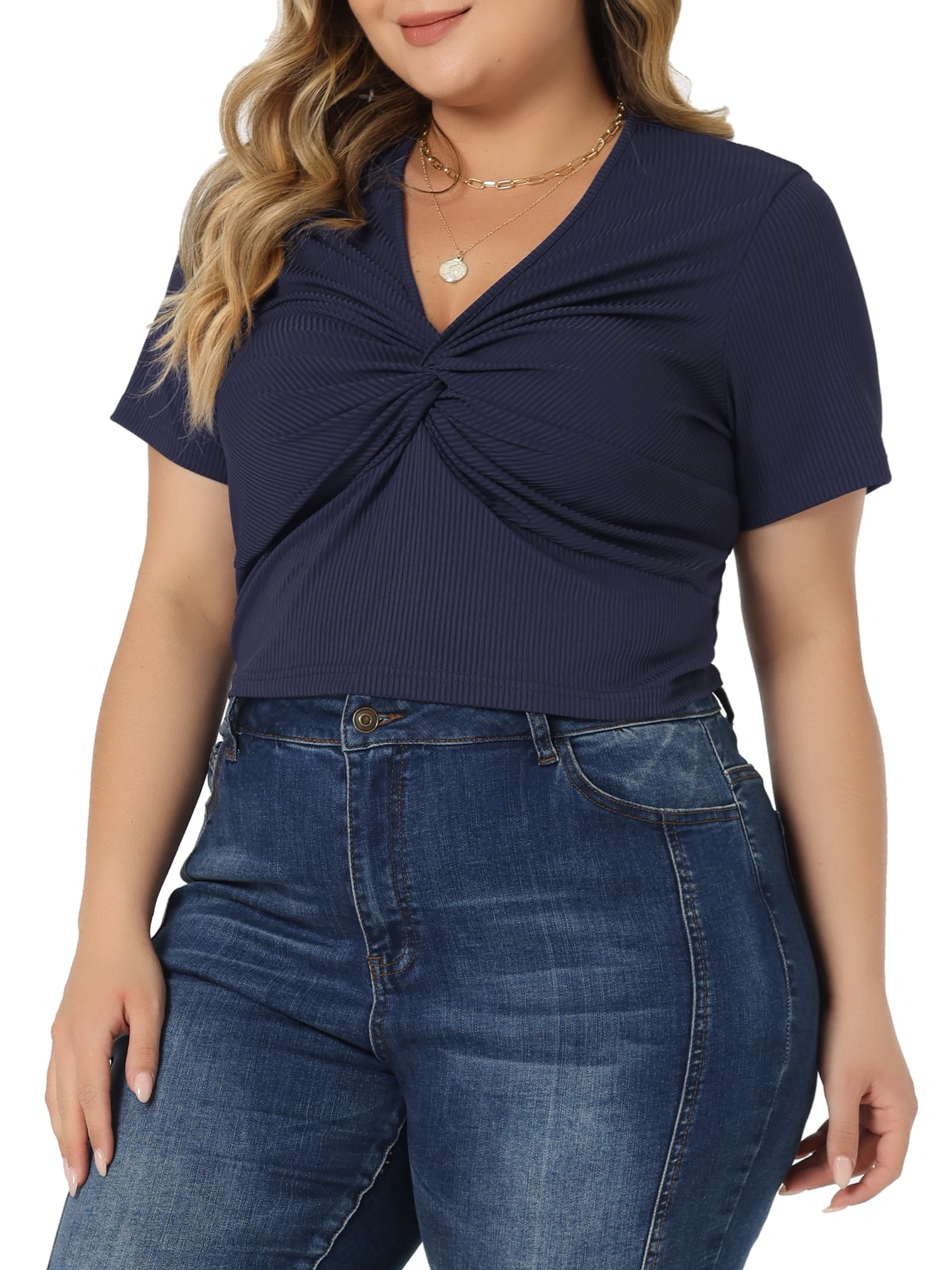 Women's Plus Size Twist Front V Neck Ribbed Short Sleeve Casual Solid Blouses Navy Blue 4X