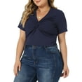 thumbnail image 4 of Agnes Orinda Women's Plus Size Solid Twist Front V Neck Ribbed Short Sleeve Casual Tops 1X Navy Blue, 4 of 6