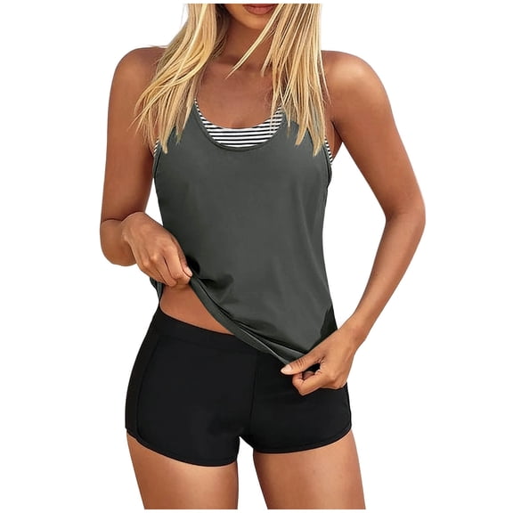 Ahdbta 3 Piece Tankini Swimsuits for Women Tummy Control Bathing Suits Swim Tank Top with Bra and Boyshorts Athletic Swimwear