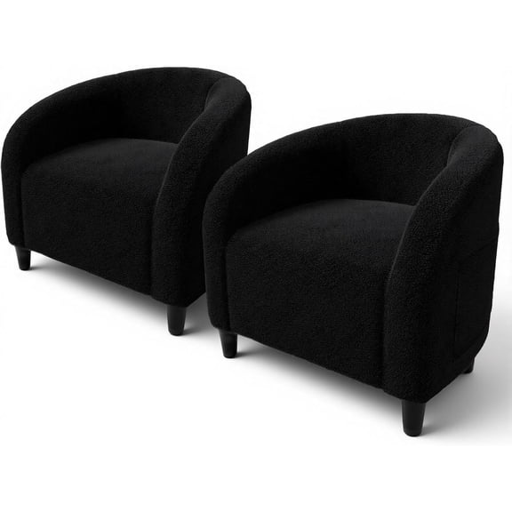 Accent Chair Set of 2 Living Room Chairs Barrel Boucle Chairs Comfy Armchairs for Bedroom Reading Room Reception Chairs(Black)