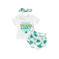 thumbnail image 2 of Blotona Toddler Baby Girl St. Patrick's Day Suits Letter Print Short Sleeve Crew Neck T-Shirts Green Clover Print Shorts Bow Headband Irish Day 3Pcs Set, 2 of 10