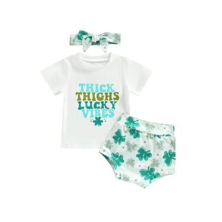 

Arvbitana 0-24 Months Baby Girl Summer St. Patrick s Day Suits Letter Print T-Shirts Green Clover Print Shorts Bow Headband 3Pcs Set