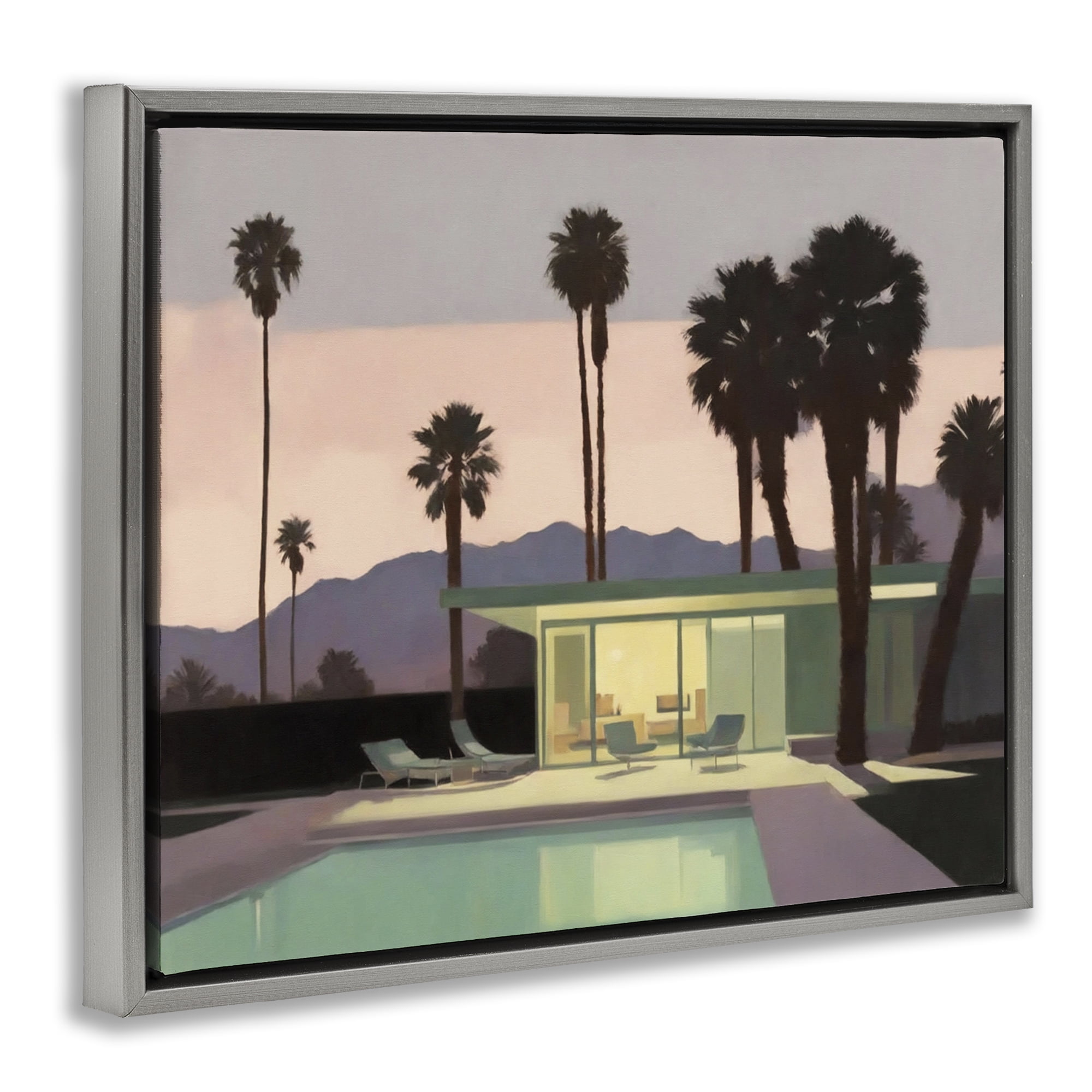 Stupell Industries Pool Surrounded by Palms Landscape & Nature Painting Gray Floater Framed Canvas Art Print Wall Art, 31 x 25