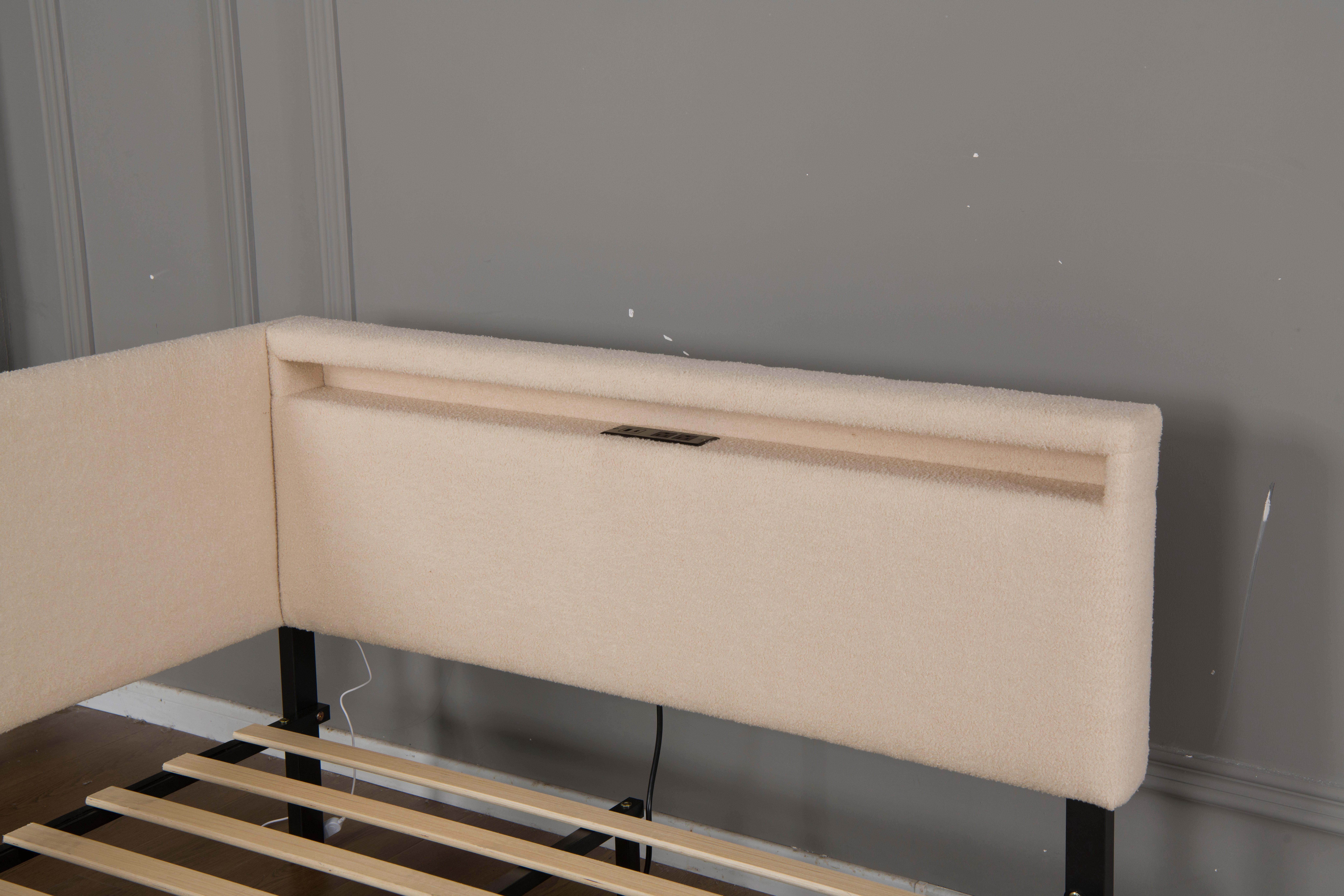 Upholstered Platform Bed Full Size, Cloud Bed Frame with USB Charging and LED Lights, Storage Drawers and Solid Wood Legs, No Box Spring Needed, Beige