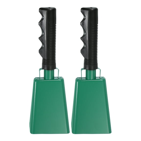 9inch Cow Bells for Football Games, 2pcs Cowbells for Sporting Events Bulk Loud Noise Makers Metal Cow Bell with Handle for Cheering Competition Marathon Wedding DIY Paint, Green