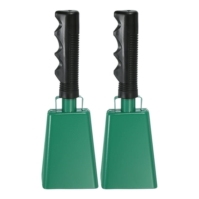 Campanas de vaca de 9 pulgadas para fútbol, 2 piezas, ruidosas, con mango para animar eventos deportivos, maratones, bodas, bricolaje, verde