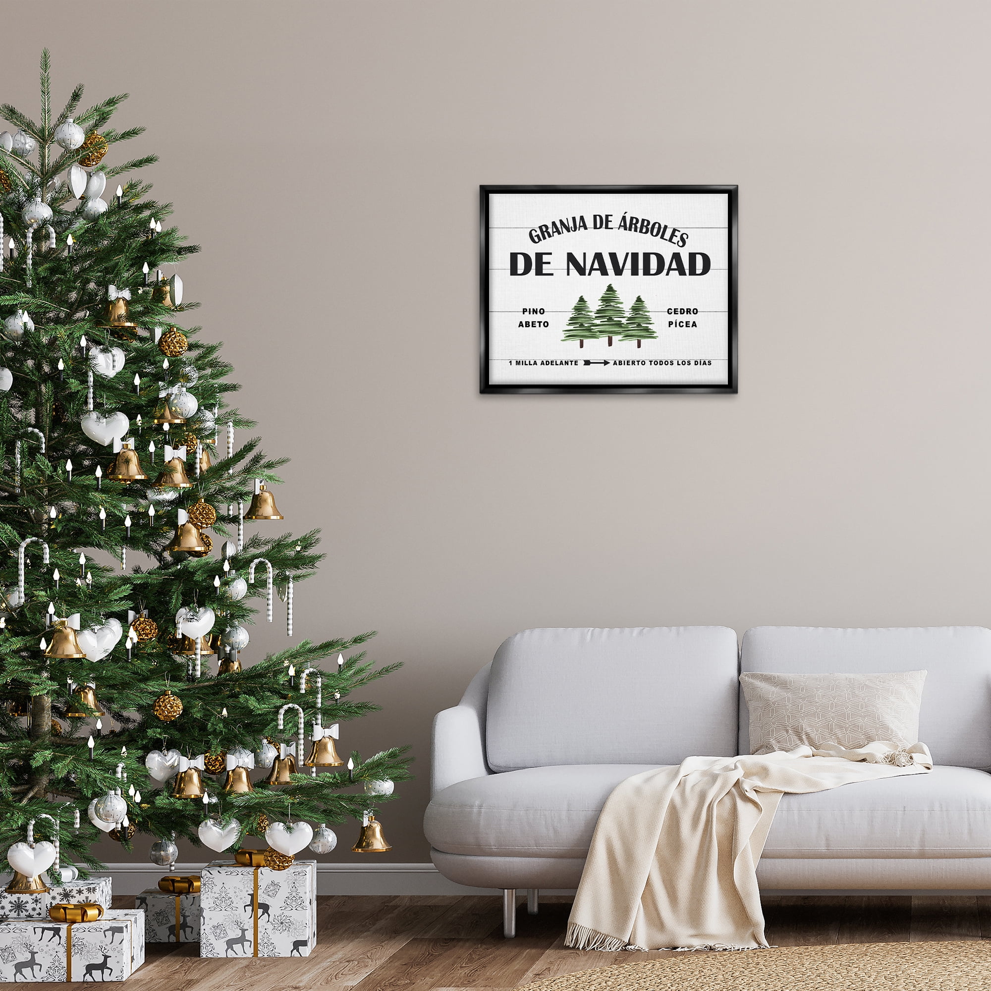 Stupell Industries Arboles De Navidad Holiday Painting Black Floater Framed Art Print Wall Art, 31 x 25