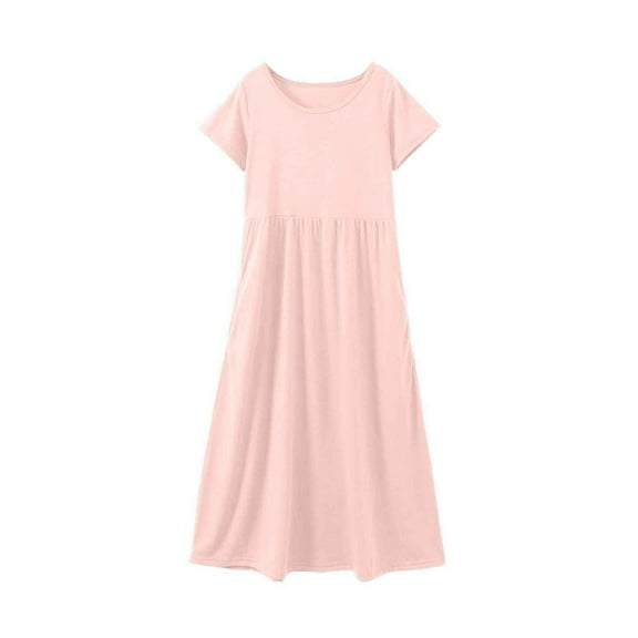 MEZZALL Kids Solid Color Dresses Round Neck Short Sleeve Casual Comfortable Pocket Long Dress 6-7 Years Lovely Kids Sundress