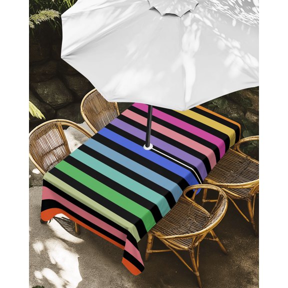 Outdoor Tablecloth with Umbrella Hole, Modern Rainbow Stripes Zippered Table Cloth for Rectangle Tables, Boho Vertical Striped Washable Waterproof Tablecloths for Picnic Patio Garden