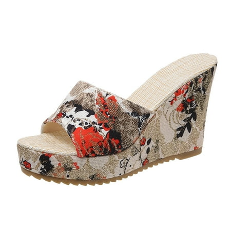 

dmqupv Sketches Sandals Women s Ladies Fashion Flower Cloth Thick Bottom Wedge Heel Non Slip Closed Toe Women Sandals Red 8