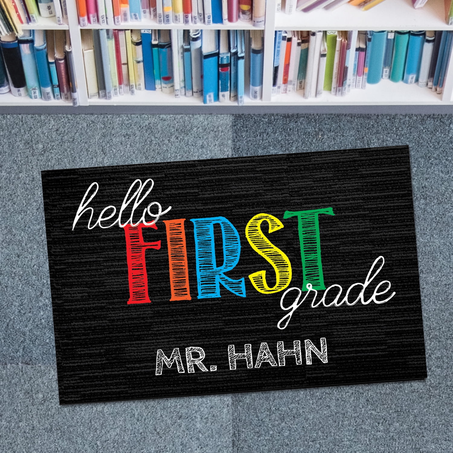 Personalized Planet 27x18 Hello First Grade Doormat with Custom Teacher Name Printed on Black Rectangular 1/8” Thick Non Slip Mat for School Classroom or Home