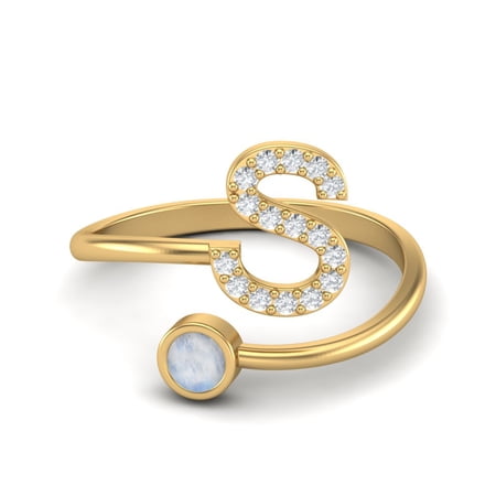 Capital S Initial Letter Moonstone Women Adjustable Front Open Valentines Day Gifts Ring 925 Sterling Silver Gold Vermeil