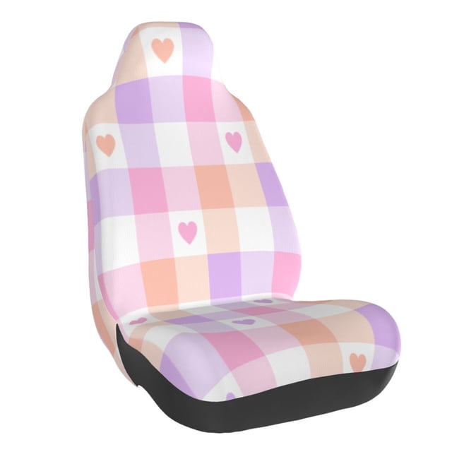 Wukai Heart Buffalo Plaid Full Set Car Seat Covers with Soft Padding Universal Auto Front Seats Protector and Cushion Mat