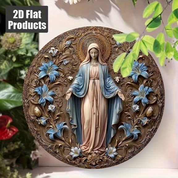 HELLOYOUNG Vintage Gothic Floral Wall Decor Aluminum Virgin Mary Metal Wall Art with Powder Blue Pink Gold Brown for Home Office, Christmas, Easter, Religious Decor