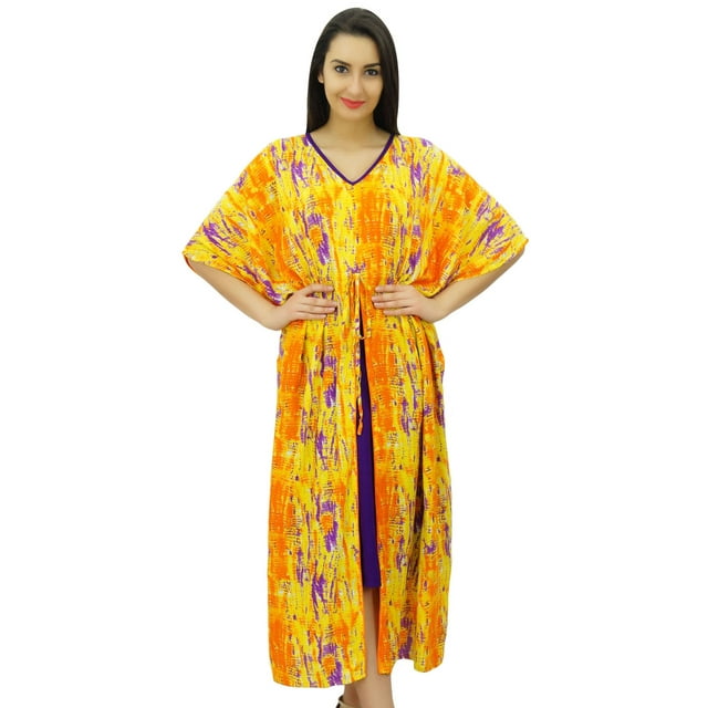 Bimba Kaftan Long en Coton pour Femmes avec Pompons, Caftan Maxi, Couvre-Maillot de Plage
