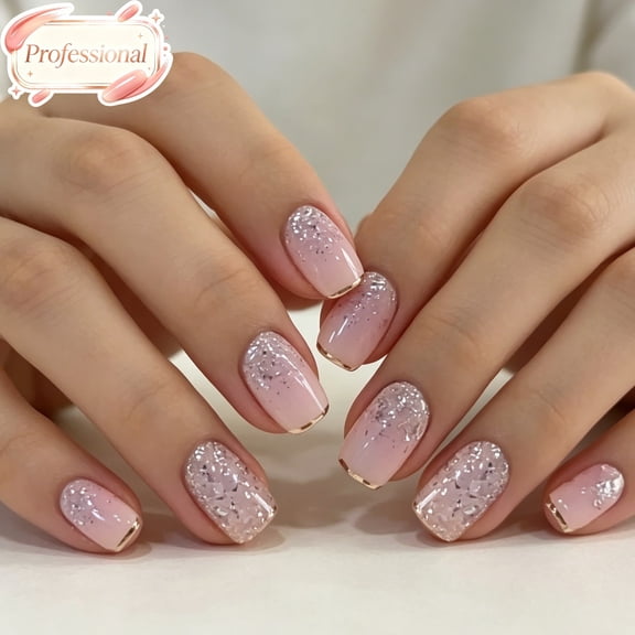 24Pcs Nude Pink Glitter Press On Nails Short Square, French Tip Glossy Full Cover Fake Nails, Reusable Acrylic Stick On False Nail Tips for Women Girls Daily Wedding Date Party DIY Home Art Gift