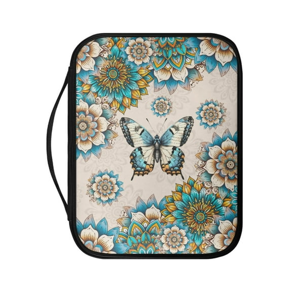 FKELYI Bible Cover for Women Men Church Bible Bag Bohemian Floral Butterfly Print Zippered Book Carrier Faux Leather Book Organizer Holder with Top Handle for Outdoor Study