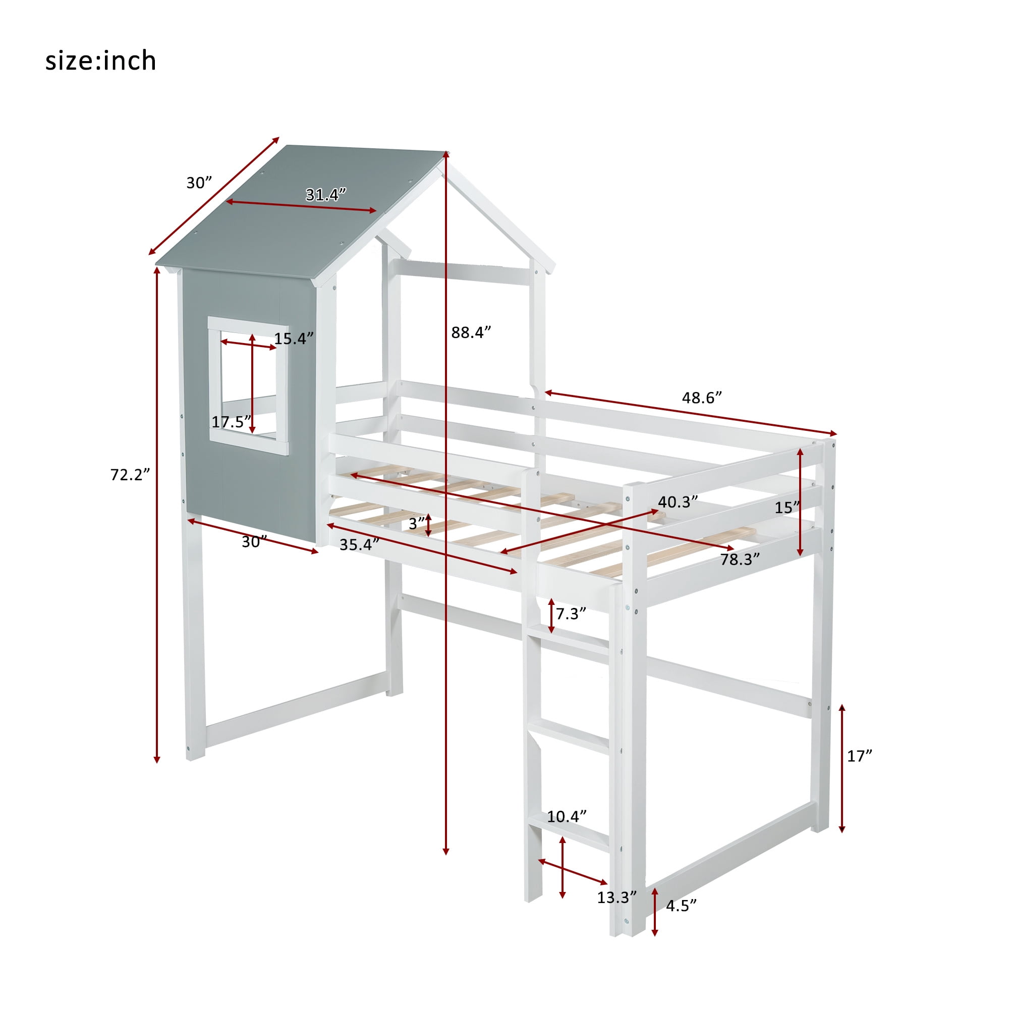 Twin over Twin Low Bunk Bed, Loft House Bed with Roof, Front Window, Ladder, Fence-shaped Guard Rail, Pine Floor Bunk Bed for Kids, Bedroom, Apartments, No Box Spring Needed