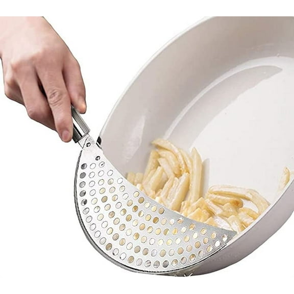 Pot Strainer Stainless Steel Crescent Pot Strainer with Handle Pasta Strainer Pan Pot Strainer with Recessed Hand Grips Suitable for All Sizes Up to 9" for Noodles Fruit Pasta Beans Veggies 1pcs