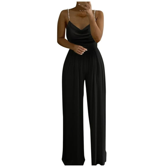 Casual Jumpsuits for Women Soild Top Sling Pants Wide Pearl Leg Jumpsuit Rompers Overalls