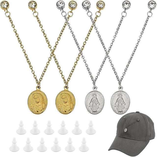 4 cadenas para gorras de béisbol de 12,5 cm de largo, 4 estilos, doradas/plateadas, con colgante ovalado, de acero inoxidable 304. Accesorios para gorras de camionero.
