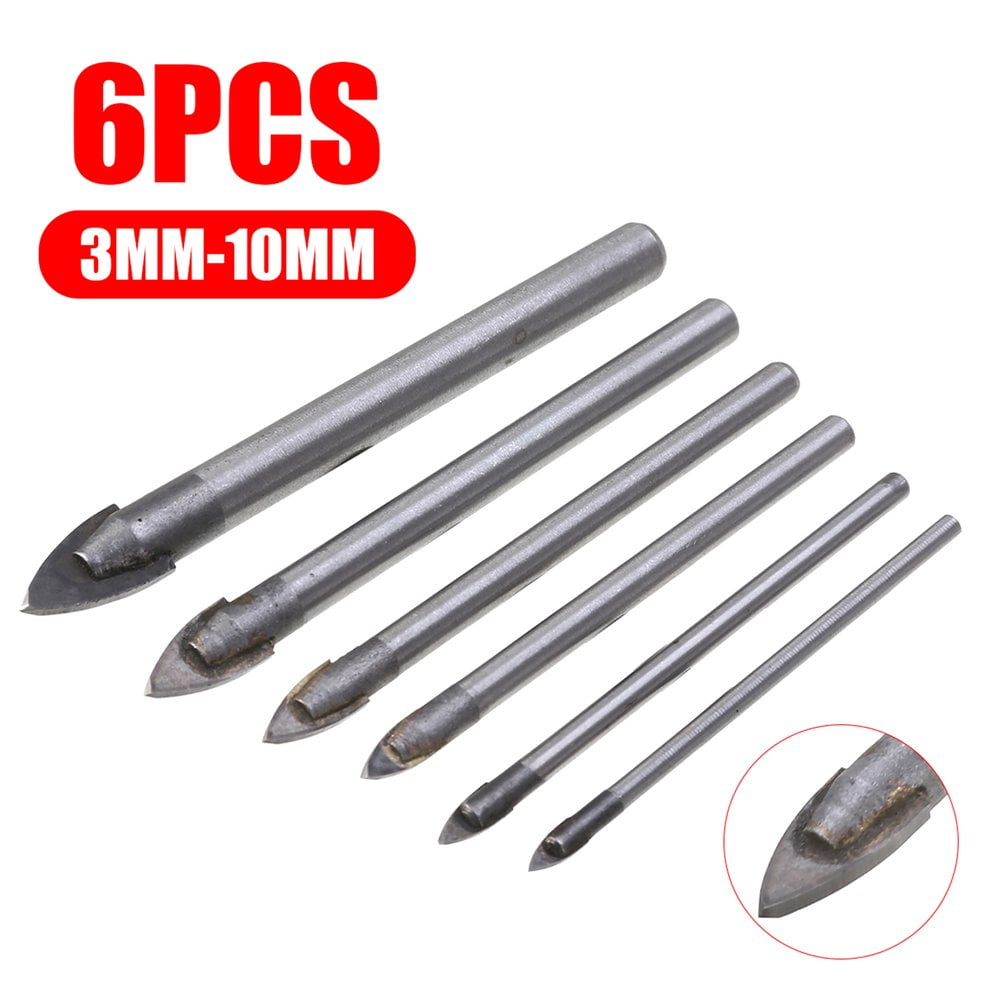 6pc Glass & Tile Drill Bit Set Ceramic Sizes 3,4,5,6,8 & 10mm Handle