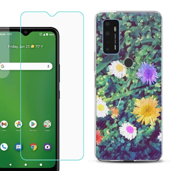 Slim-Fit Gel TPU Phone Case for Cricket Dream 5G, with Tempered Glass Screen Protector, by OneToughShield ® - Daisy Paint