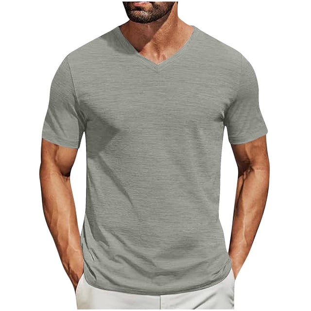 Pullover de Manga Corta para Hombres de Moda Casual Color Sólido V-Cuello Top Blusas, Poliéster Verano