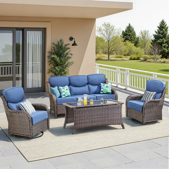 Unnifurnzi 4 Pieces Patio Furniture Set-High Back Outdoor Swivel Chairs Set of 2 with Outdoor Wicker Couch Patio Conversation Sets for Deck Porch Poolside Balcony-Brown/Blue