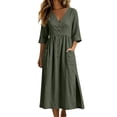 thumbnail image 2 of ClodeEU Women's V Neck Half Button 3/4 Sleeve Midi Dress with Pockets,Casual Summer Swing Dress with Side Slit Army Green,Women's Plus L, 2 of 6